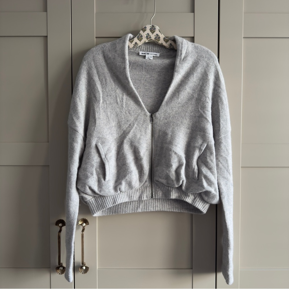Helmut Lang Cashmere Bomber Light Grey Zip Cardigan Layering Capsule Wardrobe